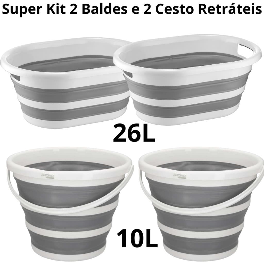 Super Kit Com 2 Cesto De 26 Litros Retrátil de Silicone E 2 Baldes De 10 Litros Retrátil Dobrável Silicone Powermaid