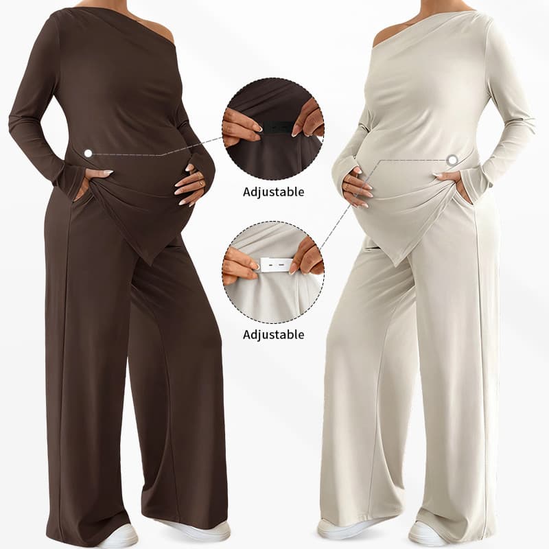 Outono novo estilo europeu americano gola de ombro plana assimétrica bainha calças retas roupa de maternidade terno Casu