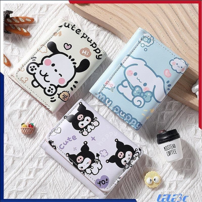 Carteira Sanrio Cute, moderna, porta-moedas com vários cartões, bolsa curta de couro sintético triplo, presente de