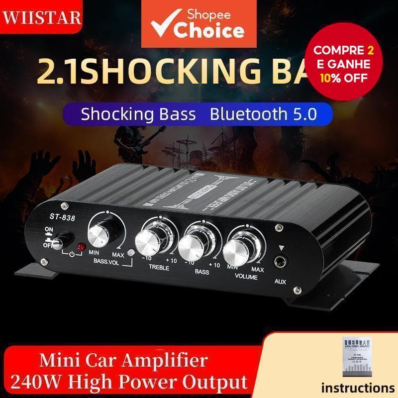 Mini Amplificador MP3 Para Carro Super Bass HiFi 2.1 Canais-Entrada AUX , 20WX2 + 40W , ST-838