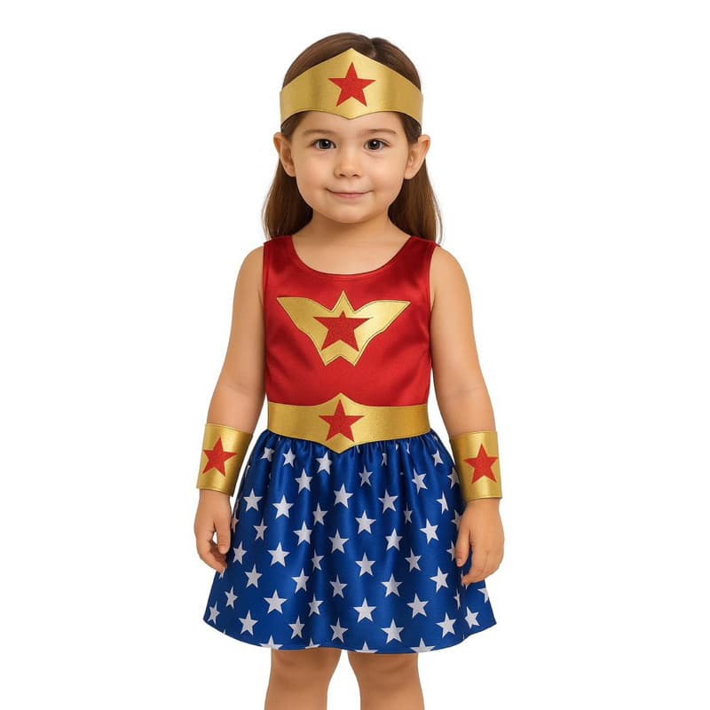 Kit Acessórios Mulher Maravilha Infantil – Tiara + Braceletes Dourados com Estrelas
