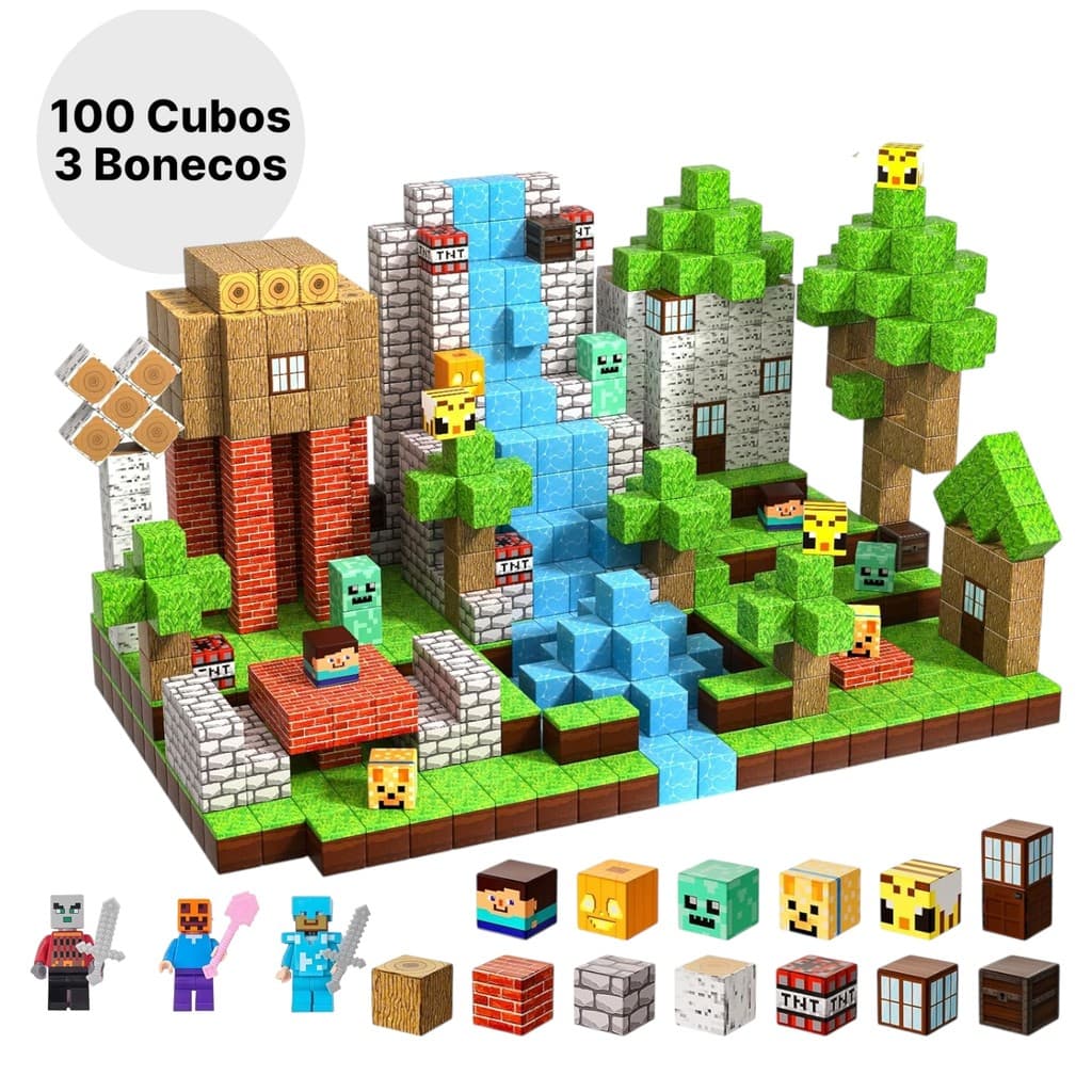 Kit Cubos Magnéticos Construção 100 Peças Blocos Tipo Mine World Infantil