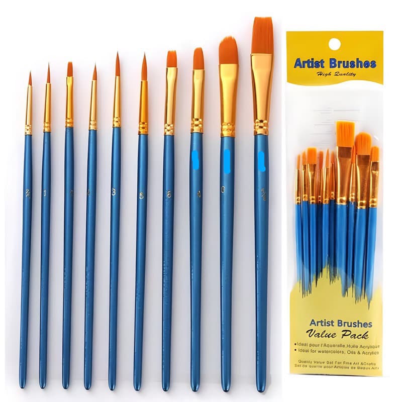 Kit 10 Pincel artísticos p/ pinturas cerdas macias - Aquarela, Óleo, Acrílica, Artesanato.