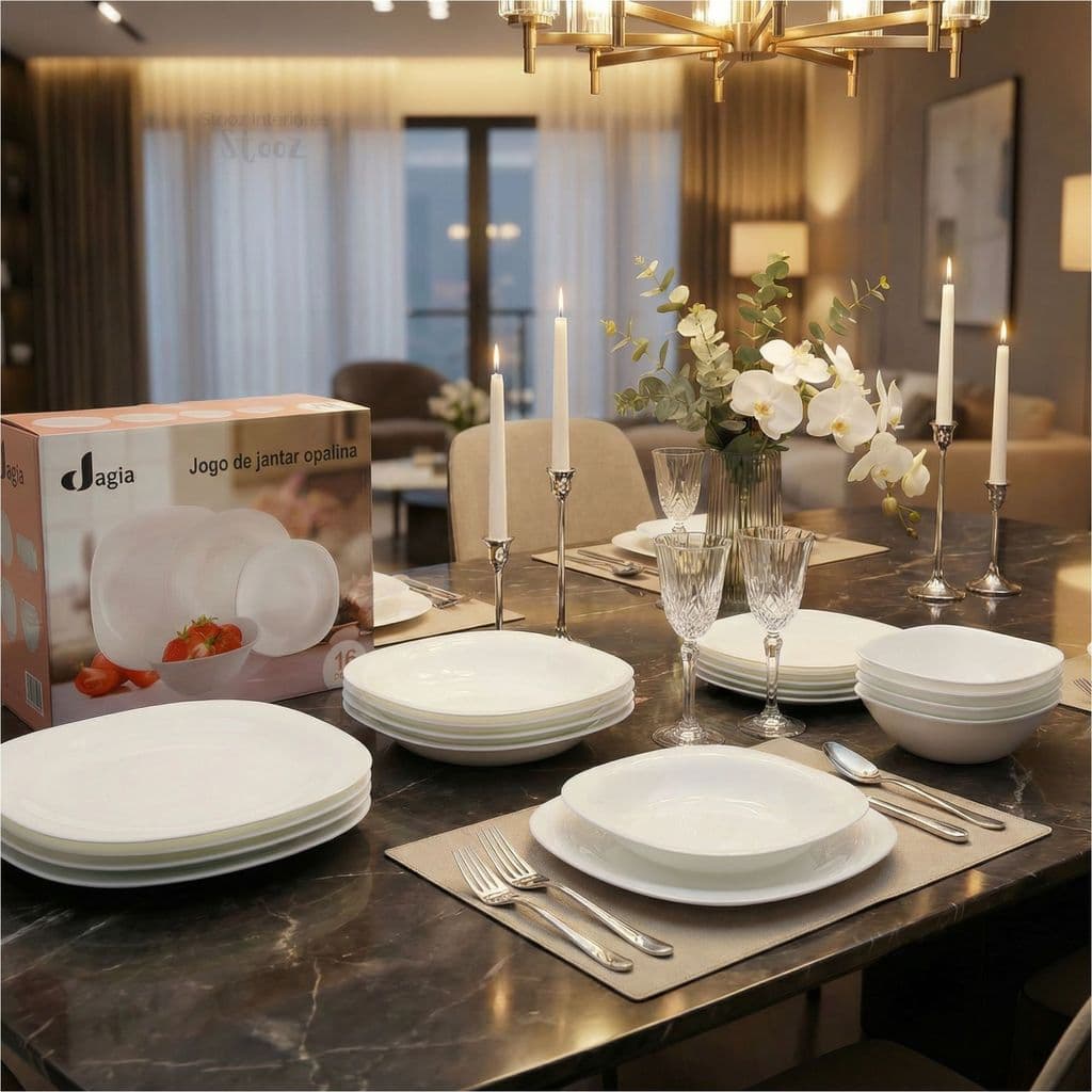 Jogo De Jantar Quadrado Opalina 16 Peças DAGIA Branco Premium - Mesa Posta Luxo Pratos Grandes 28cm E Tigelas Bowl