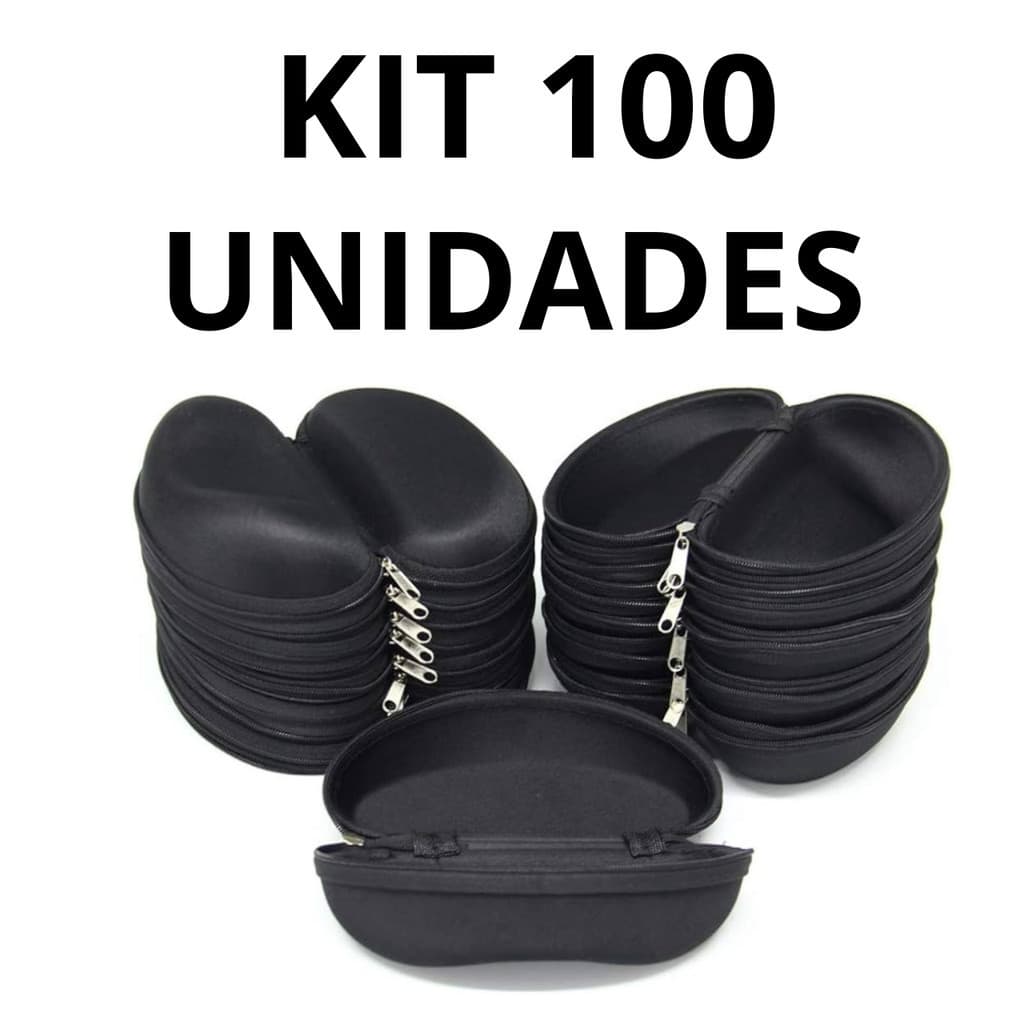 Kit 100 Estojo Para Óculos Case Caixas De Zíper + 100 Flanelas Para Óculos Cor Preta Atacado Case Oval.