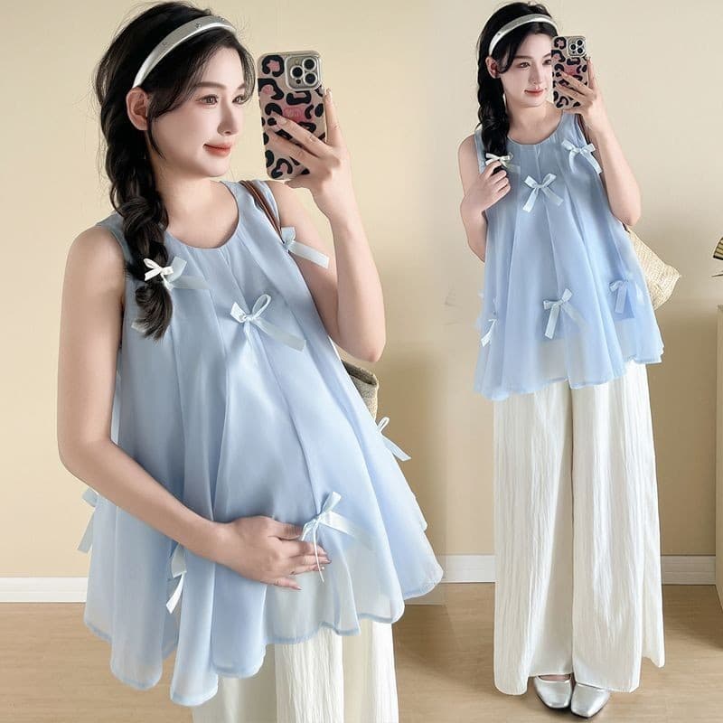 Roupa de maternidade 2025 laço azul sem mangas colete Top solto calças de perna larga terno de maternidade 3.22