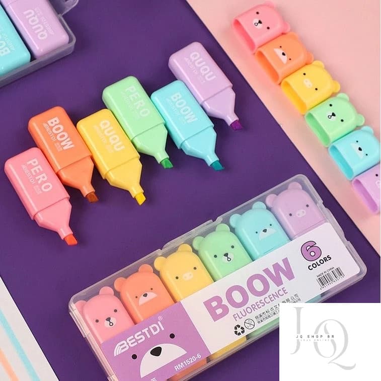 KIT 6 Cores Marca Texto Urso Estojo TEXTO BOOW Bestid