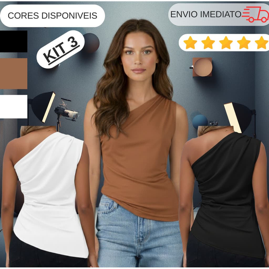 KIT 3 Blusa Mula Manca Feminina Elegante Franzido Assimétrica Ombro Único Com Casual