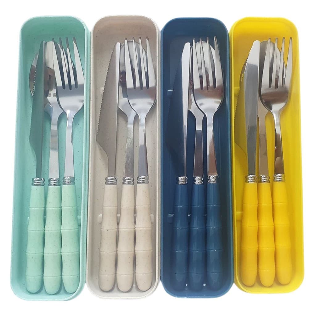 Jogo de Talher Com Estojo Inox 3 peças Com Cabo De Plástico Marmita