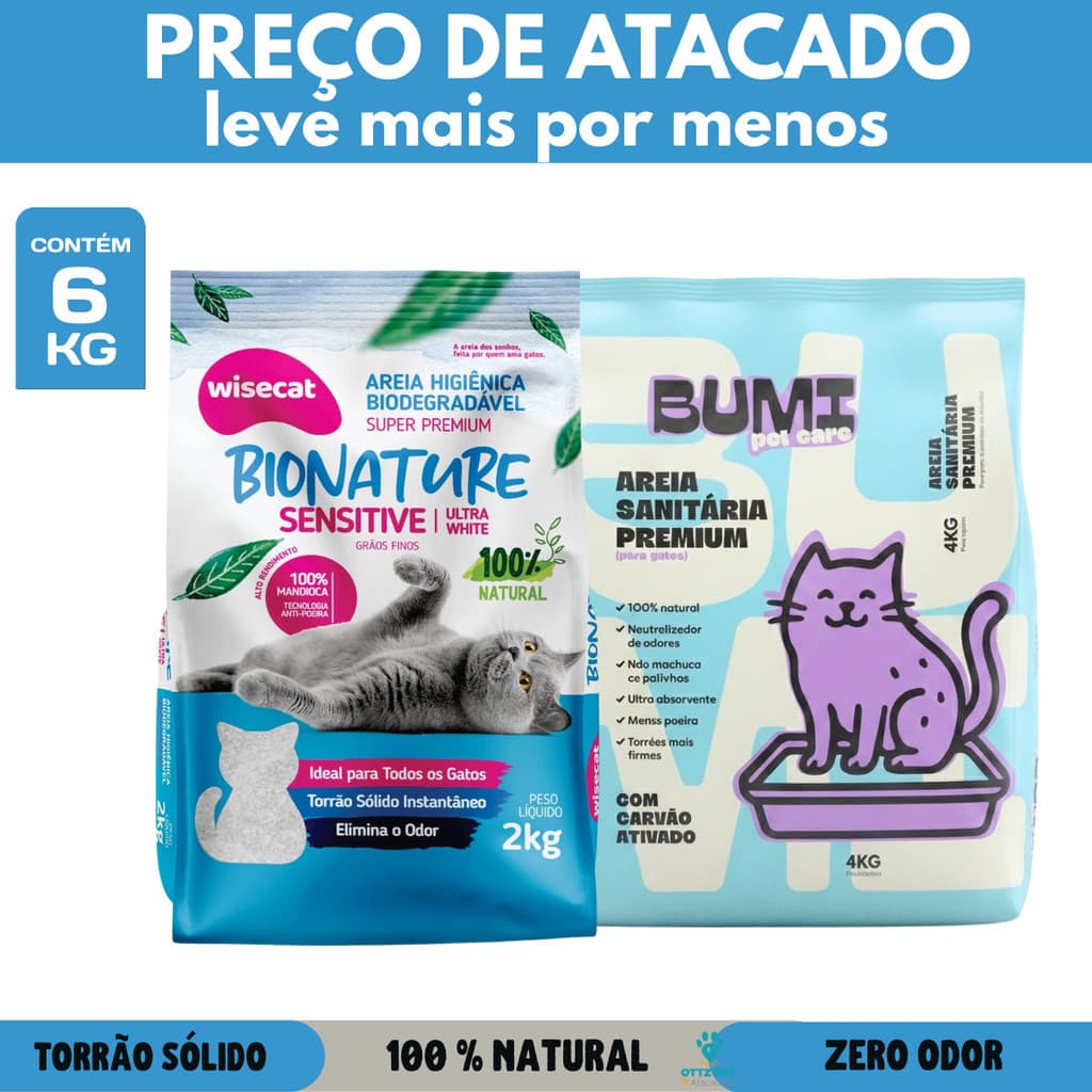Kit Areia de Gato Biodegradável Wisecat + Bumi Pet Care Carvão Ativado 6kg