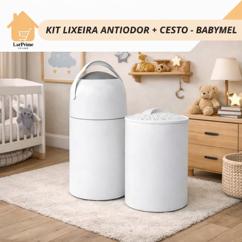 Kit Lixeira Antiodor e Cesto Baby Mel para Quarto de Bebê, Banheiro, Fraldas, Consultório, Cozinha