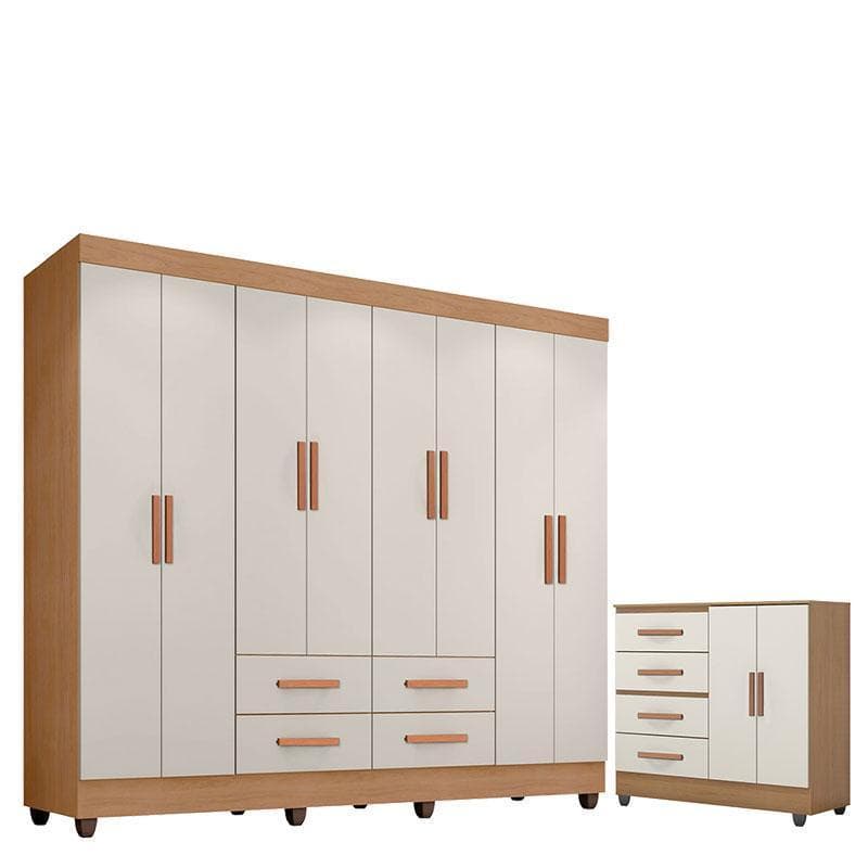 Guarda Roupa Casal Porto com Cômoda Lite 4 Gavetas 2 Portas Nature Off White – Móveis Leão