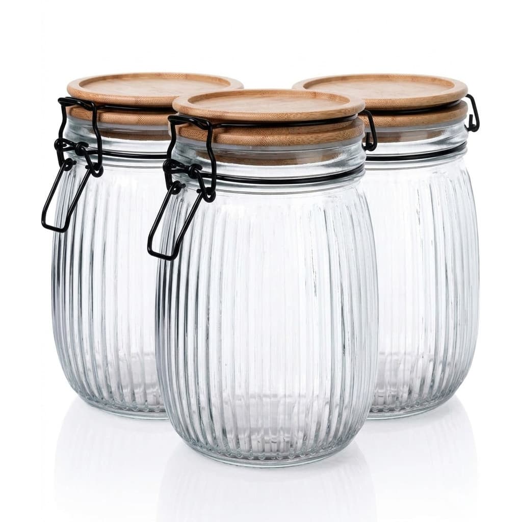 Kit 3 Potes Hermético de Vidro c/ Tampa de Bambu Versalhes 800ml Lehavi