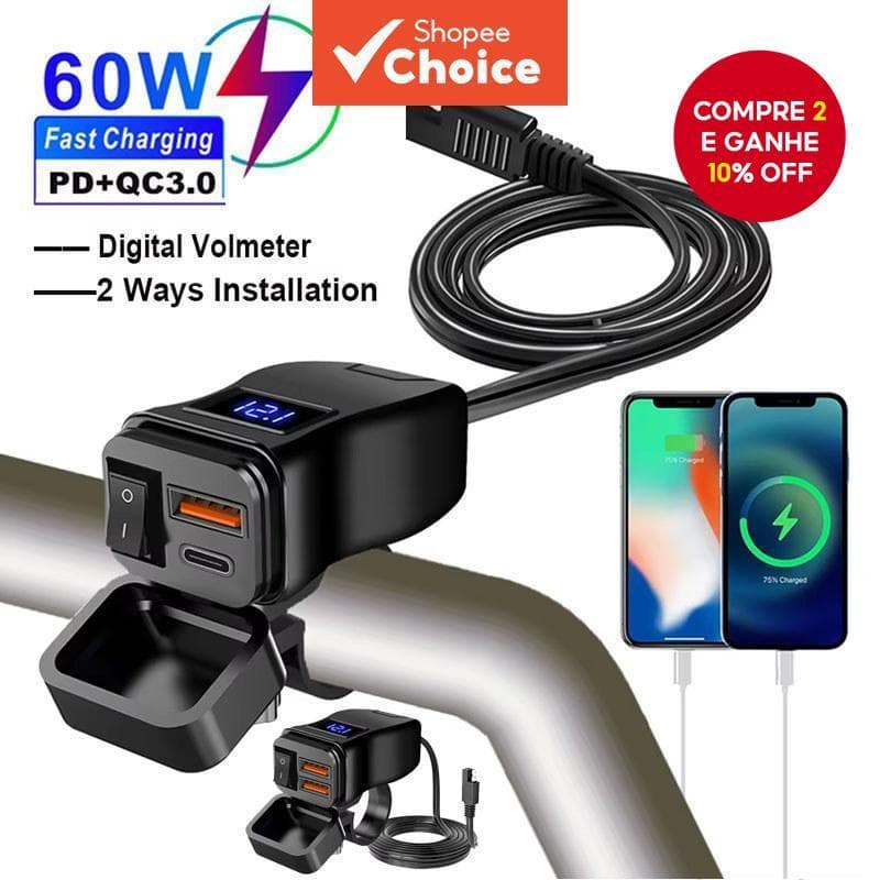 PD QC3.0 Carregador Rápido para Celular em Moto USB à Prova d'Água Conector de Tomada Tipo C com Voltímetro Digital