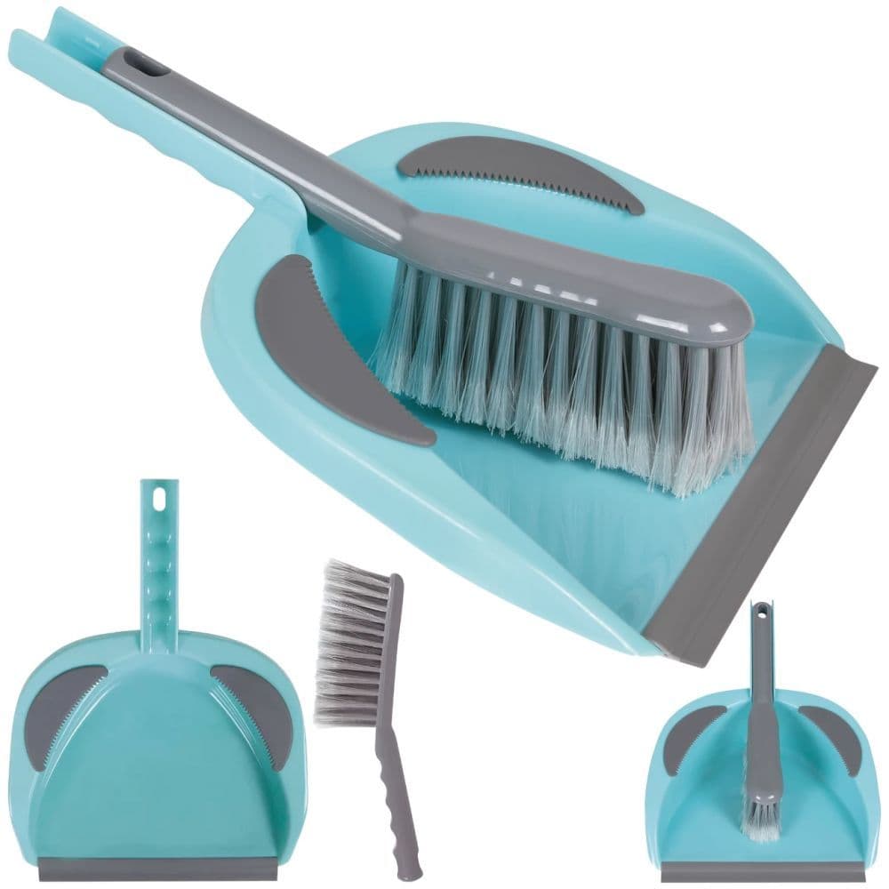 Kit Pá de Lixo com Escova Azul Turquesa Limpeza Doméstica Vassoura Portátil Cozinha Casa