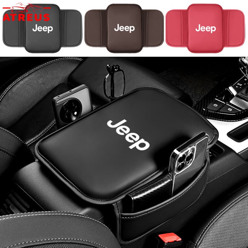 Almofada de Couro para Apoio de Braço de Carro Jeep com Bolsa Organizadora para Renegade Compass Willys Wrangler JK Gran