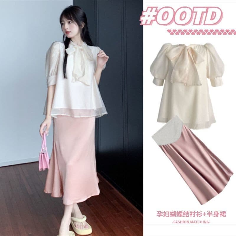 Terno de maternidade com laço, camisa de comprimento médio + saia levantadora de barriga, moda leve, luxo, estilo chinês