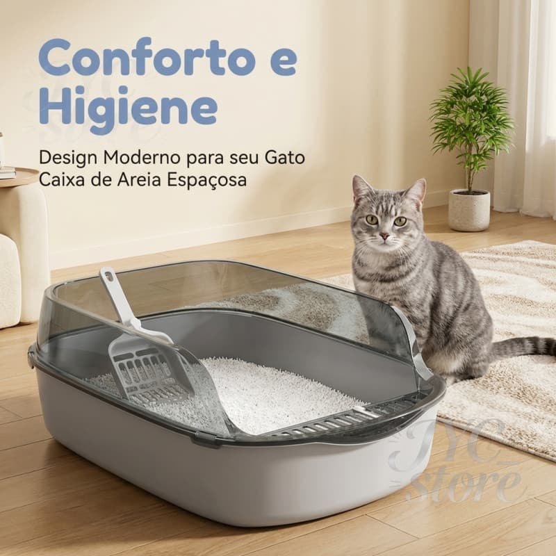 Caixa de Areia para Gatos Extra Grande com Grade Alta Semi-Fechada, Banheiro Reforçado com Pá Incluída