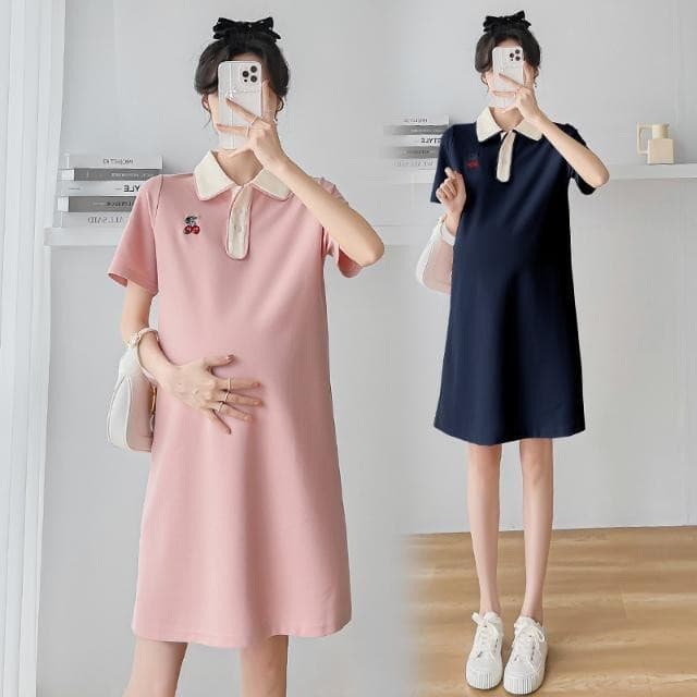 Roupa de maternidade Casual moda contraste cor gola polo vestido cereja comprimento médio redução de idade pequeno vesti