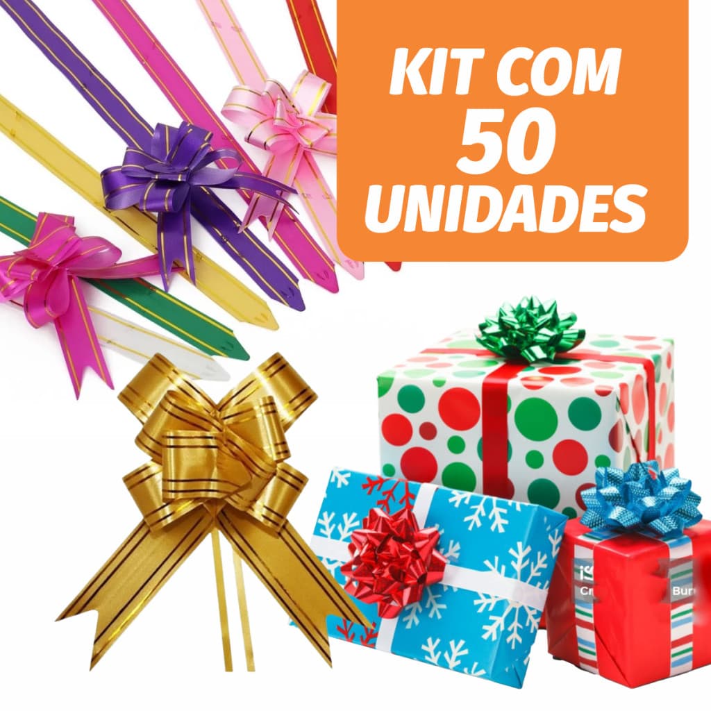 Kit 50 Laços Mágicos Fácil p/ Presente Filete Dourado P/M/G Diversas cores.