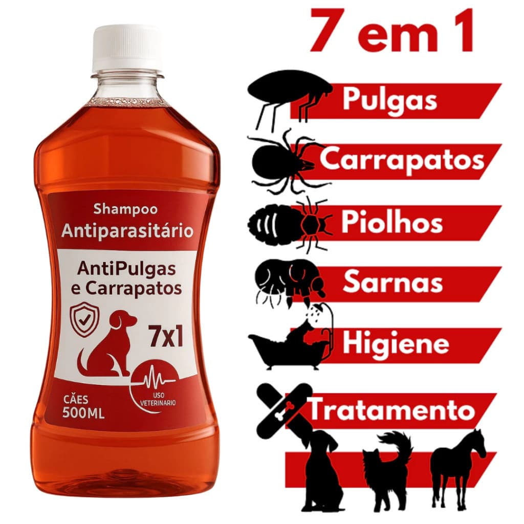Shampoo e Condicionador 7 em 1 Pet Seven 500ml Anti Pulgas Carrapatos Sarna Limpeza Completa