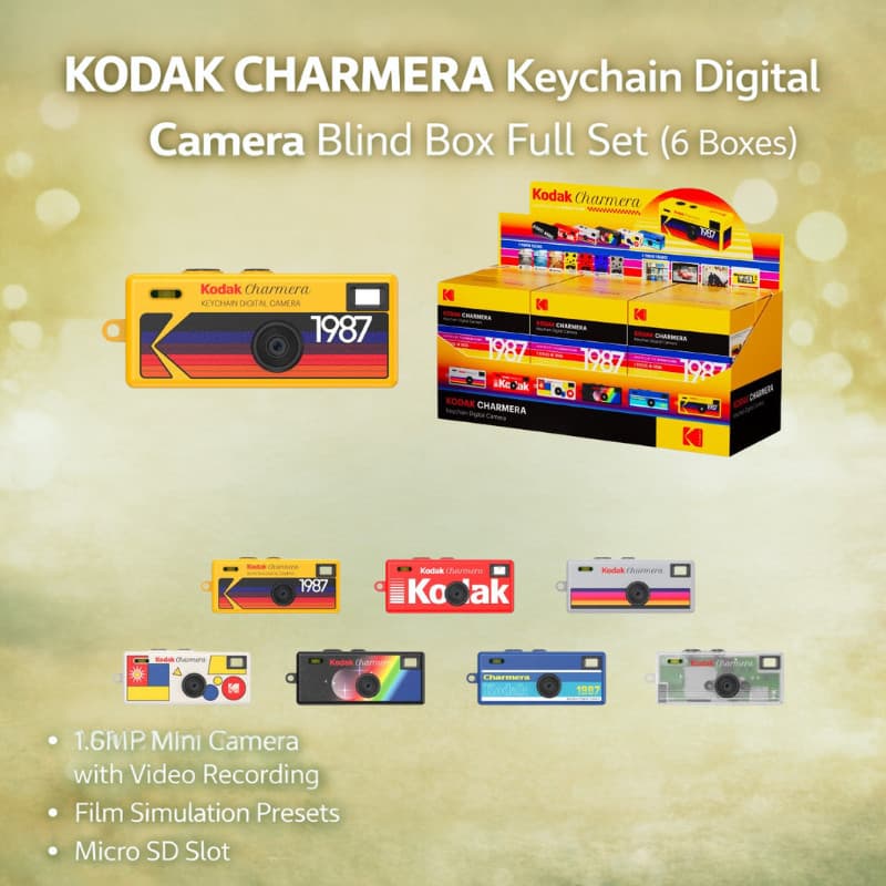 KODAK CHARMERA Chaveiro Câmera Digital Caixa Cega Conjunto Completo (6 Caixas)-Mini De 1.6 Mp Com Gravação De Vídeo , Predefinições De Simulação De Filme , Slot Micro SD , Charme De Bolsa Colecionável