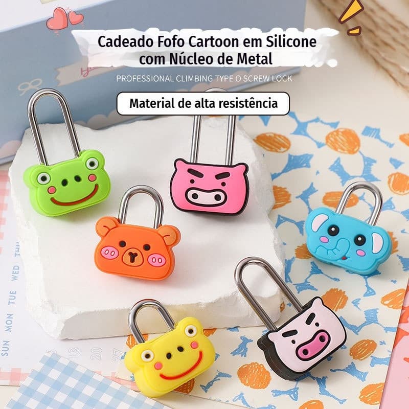 Cadeado Cartoon em Silicone Núcleo de Metal Fofo Cores Sortidas p/ Mochila, Estojo, Gaveta e Viagem