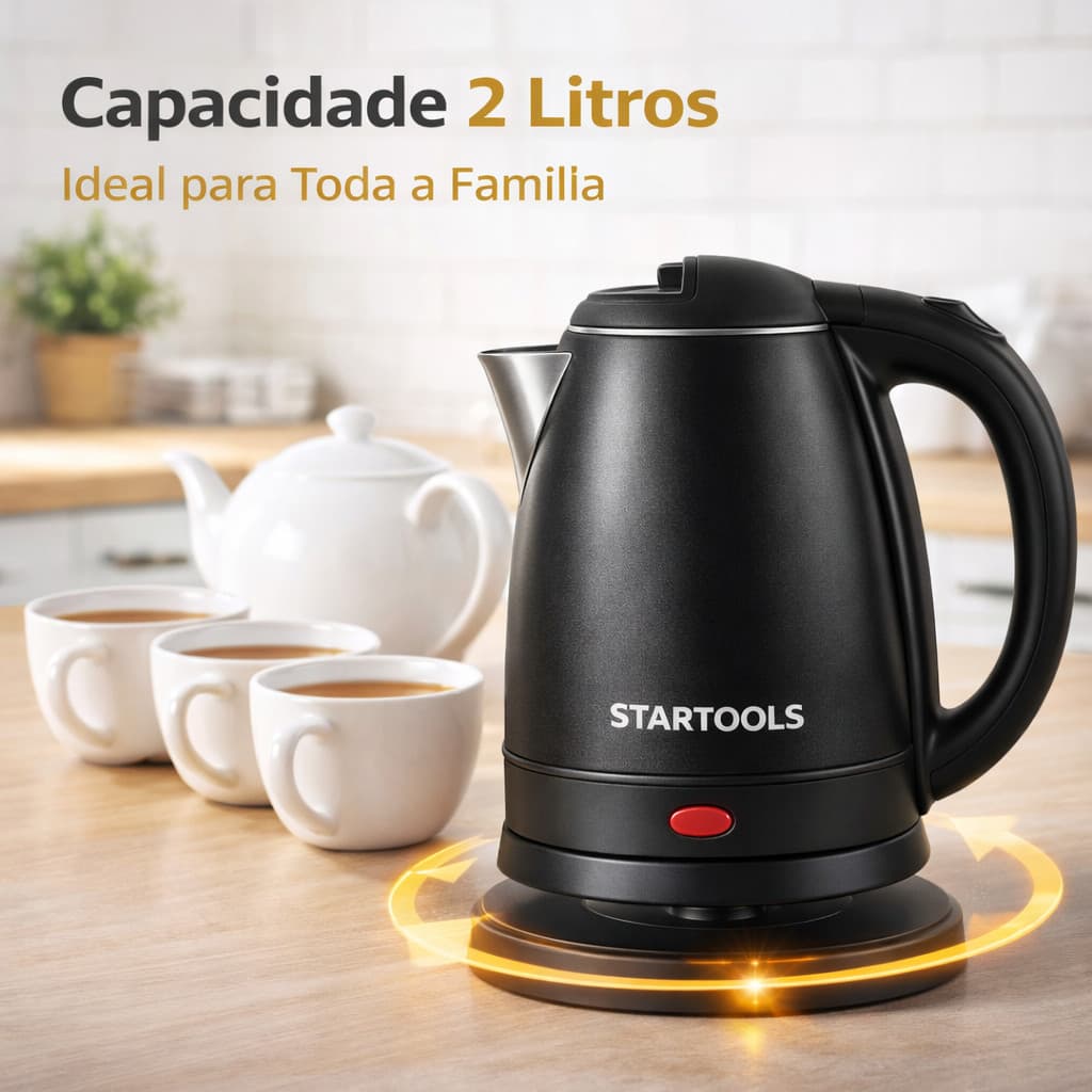 Chaleira Elétrica Inox 2L 1500W Ferve Água Rápido Automática Café Chá Cozinha Moderna Startools