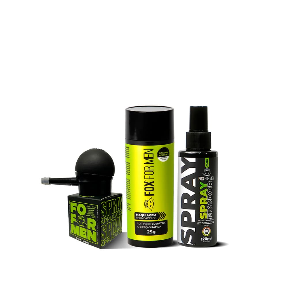 FIBRA CAPILAR PRETA + SPRAY FIXADOR + APLICADOR FOX FOR MEN