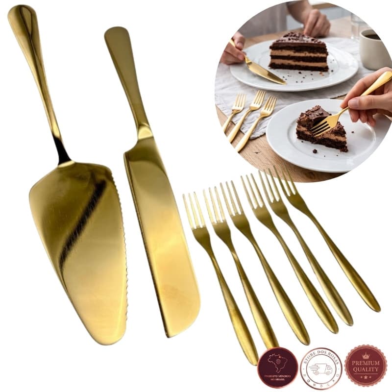 Kit Talheres Dourados para Bolo 8 Peças – Espátula, Faca e Garfos Inox Luxo