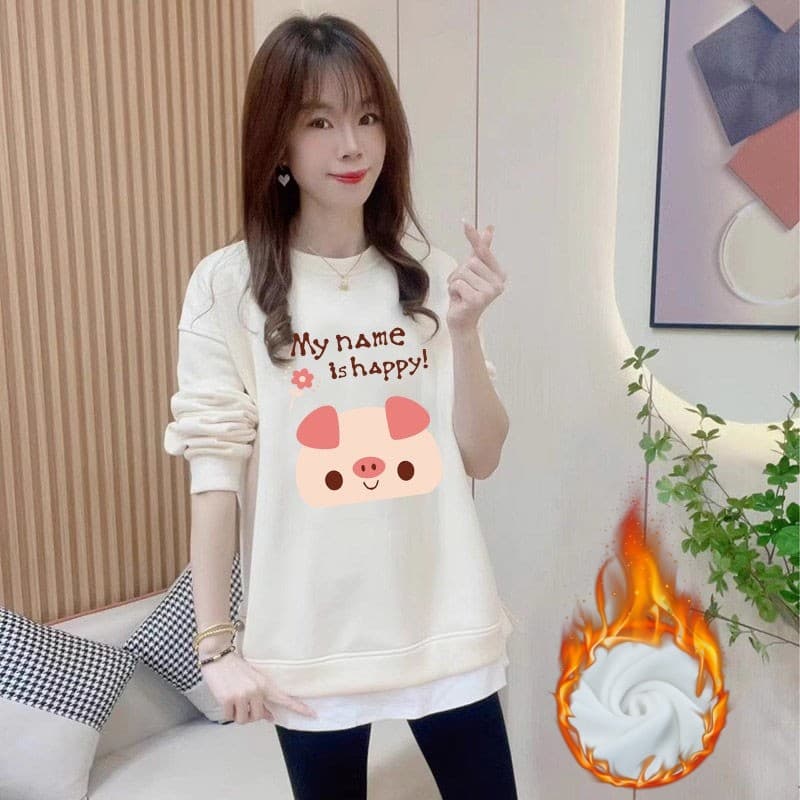 Roupa de maternidade mais veludo engrossado moletom de comprimento médio feminino falso estilo ocidental de duas peças t