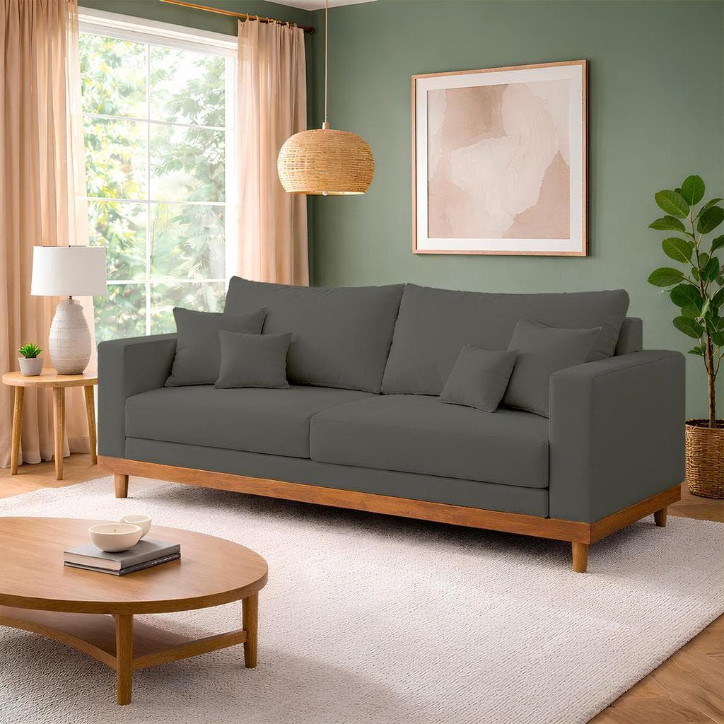 Sofá 3 Lugares Living Com Base Madeira Suede Balaqui Decor