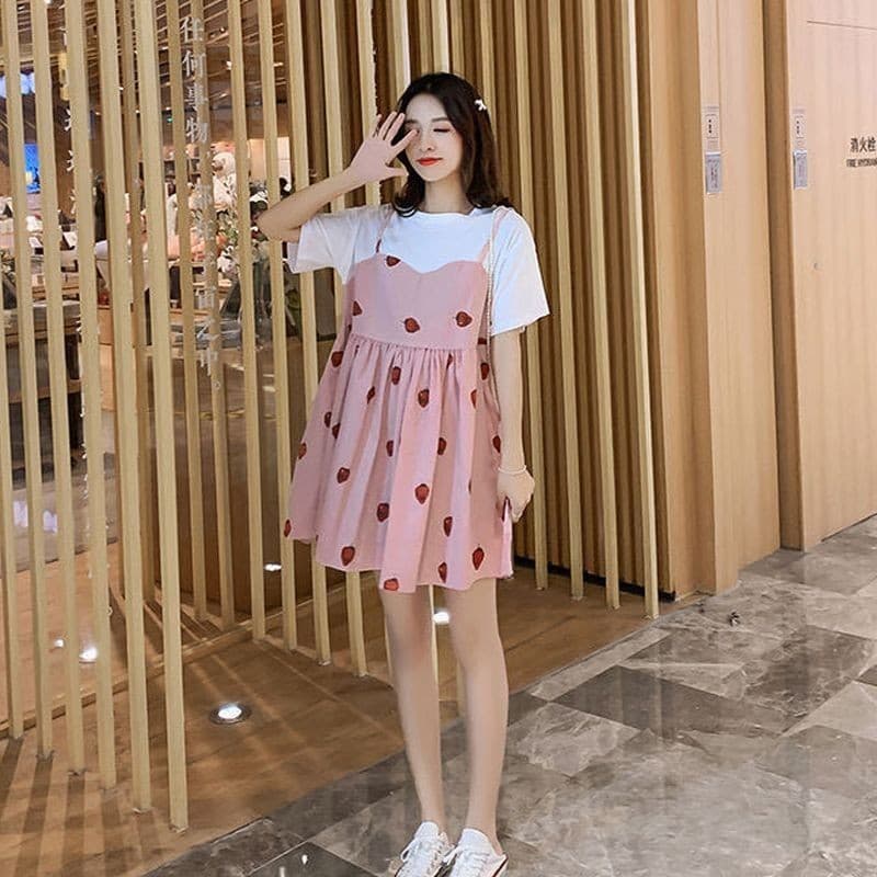 Vestido de maternidade pequeno solto tamanho grande comprimento médio falso vestido de manga curta de duas peças na moda