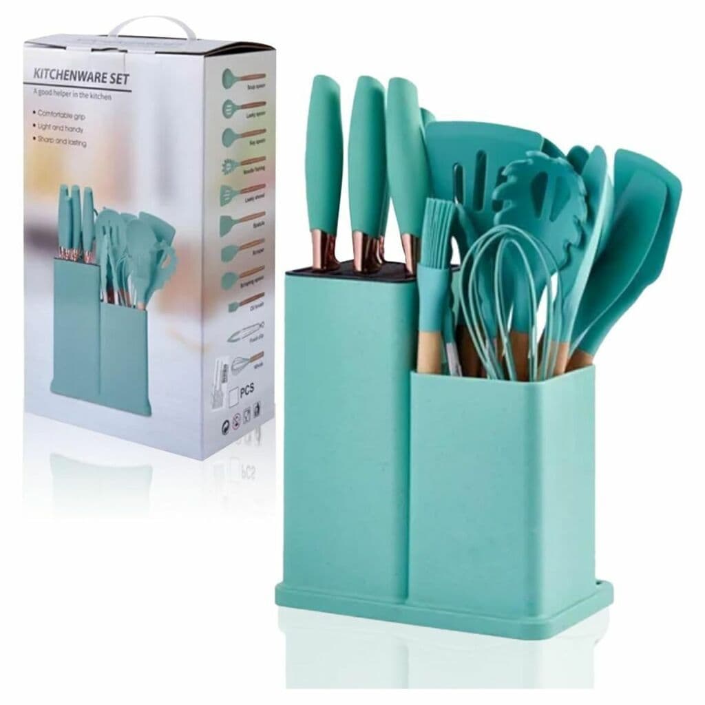 Kit Utensilios Silicone 19 pçs cabo de madeira s/BPA Verde Escuro