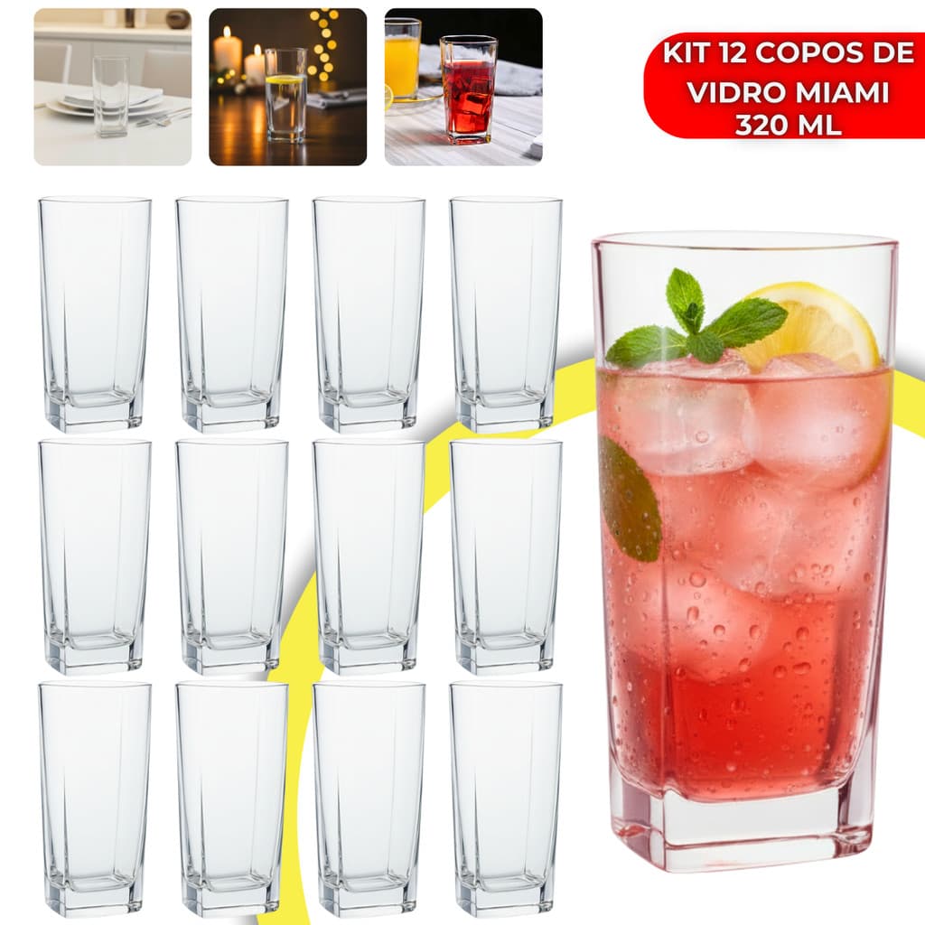Jogo 12 Copos Miami 320ml Vidro Grosso Moderno Elegante Luxo Quadrado Alto Bali Texas Drink Água