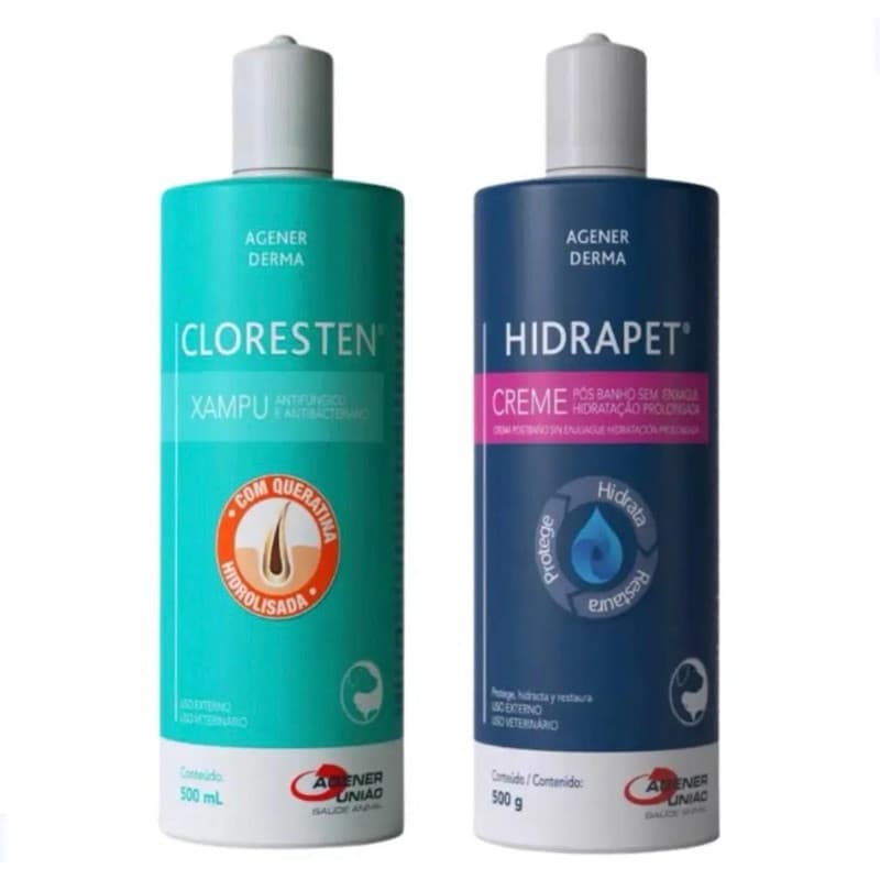 Kit Xampu Cloresten 500ml + Hidrapet Creme 500g 100%ORIGINAL Shampoo Agener para Cães E Gatos