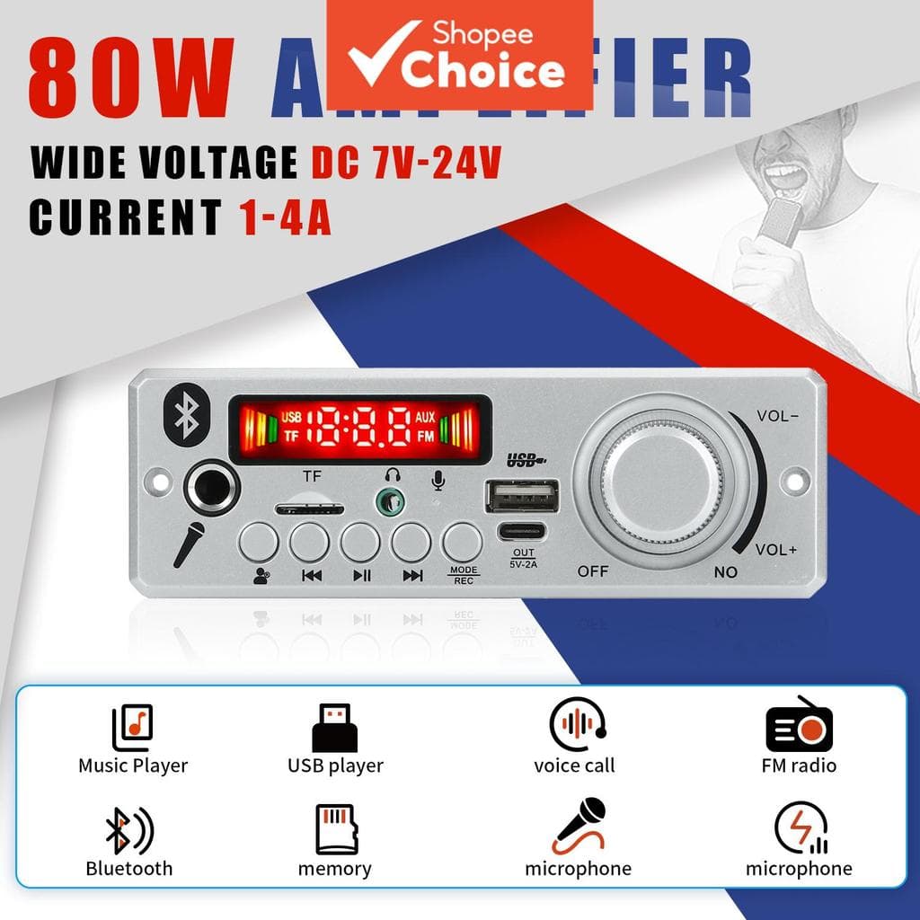 Placa Decodificadora MP3 DIY Bluetooth 5.0 80W Amplificador 6,5mm Microfone Mãos-Livres DC 12V 40W Rádio FM para Carro