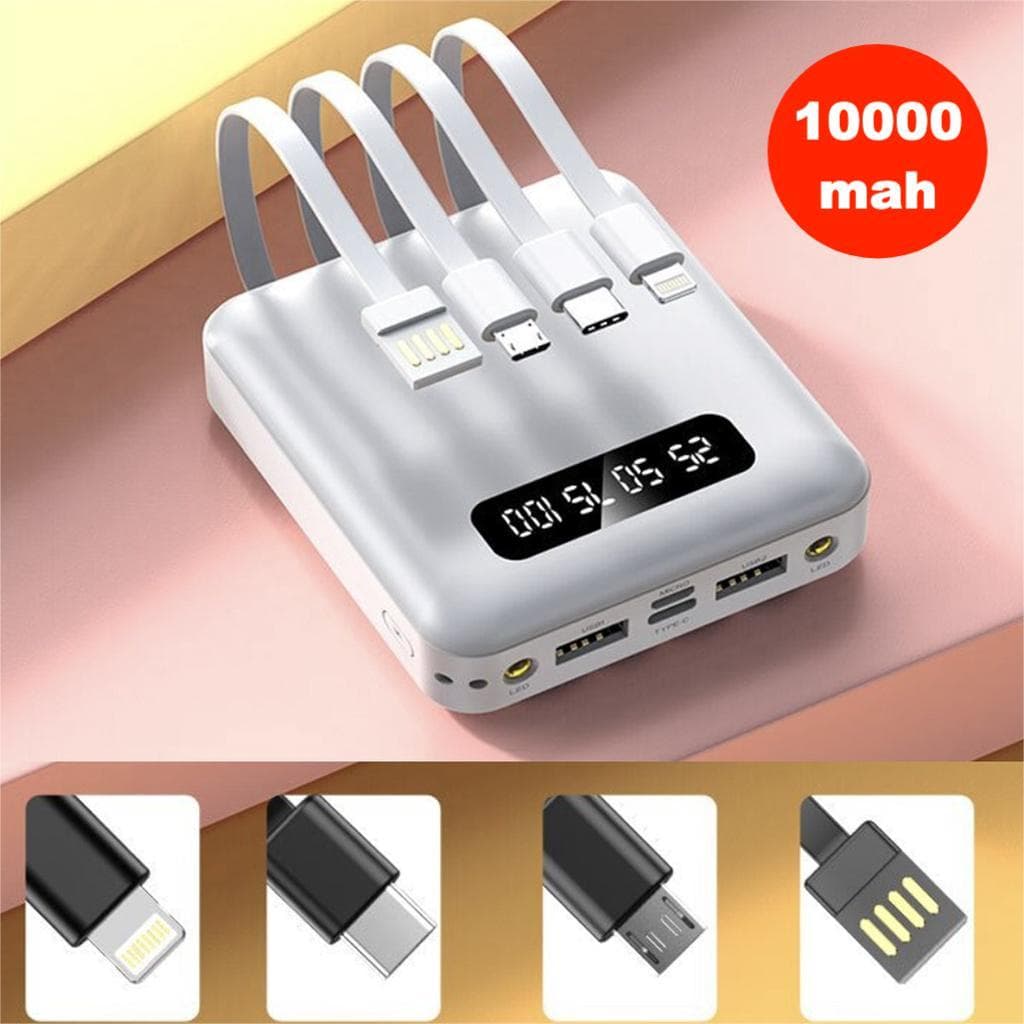 10000mah Carregador Portátil  con 4 cables de carga rápida Banco de energía digital LED com iluminação