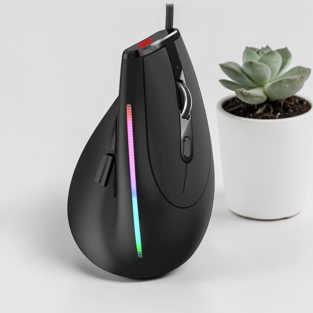 Mouse D7  Com fio Vertical Ergonômico   Preto Led 9 Botões Preto