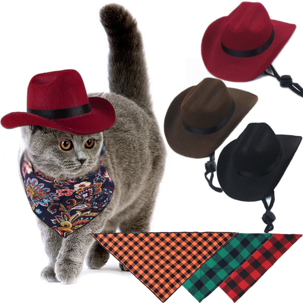 Chapéu De Cachorro Gato Ocidental Estilo Cowboy Acessórios Para Animais De Estimação Triângulo Cachecol Foto Propulsor D