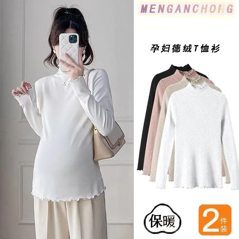 Roupa de maternidade outono inverno novo estilo meia gola alta fungo borda camisa de fundo camiseta All-Match Soli