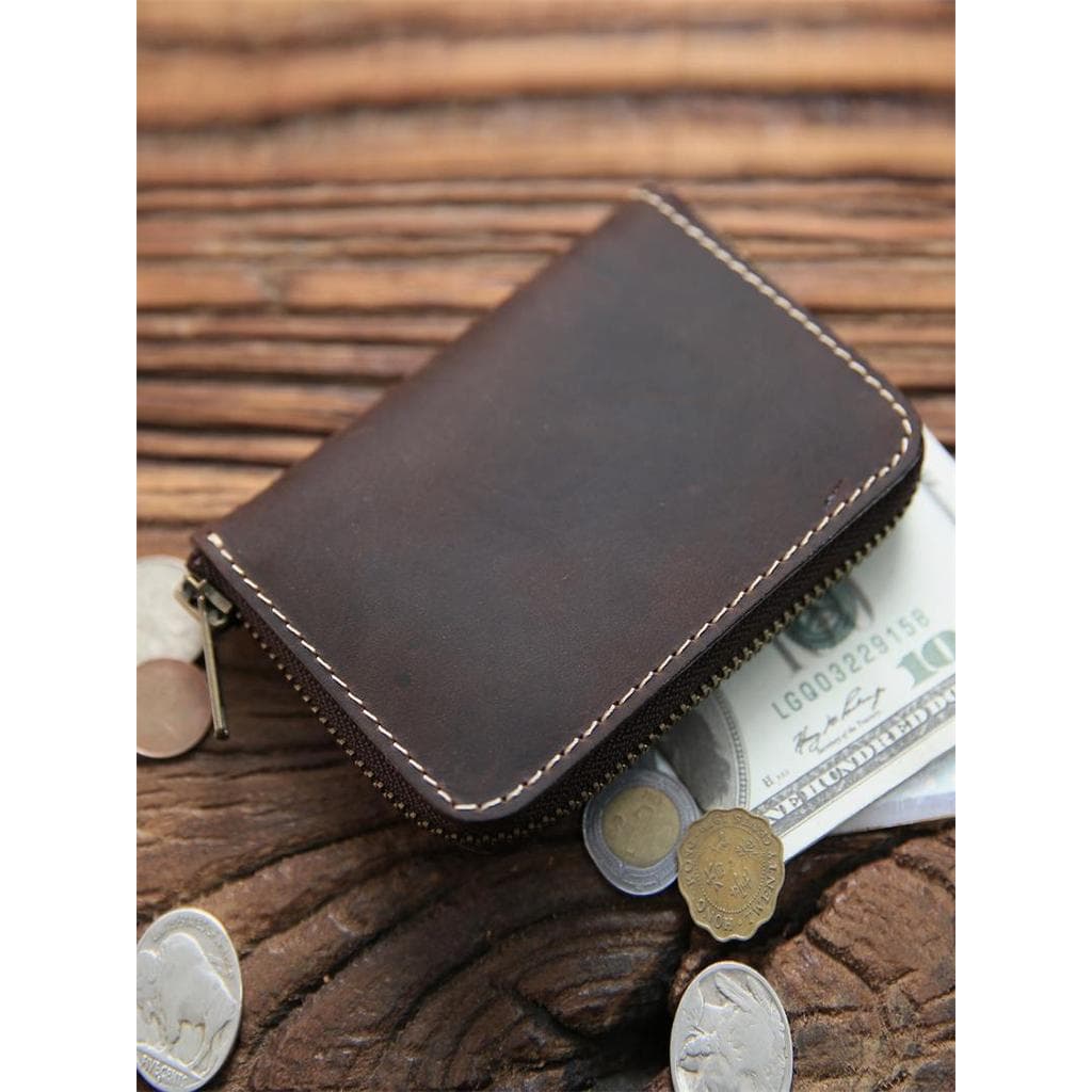 Feito à mão masculino Retro cavalo louco primeira camada de couro com zíper carteira curta moeda pequena bolsa moeda tit