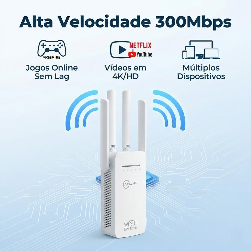 Repetidor de Sinal WiFi 300Mbps com 4 Antenas Fácil de Instalar para Uso Doméstico
