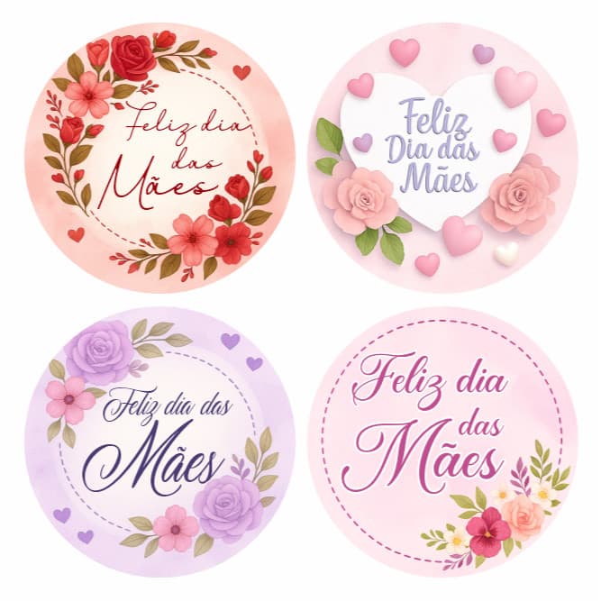 Kit 100 Etiquetas Adesivos Dia das Mães 4x4cm Selos Presentes Lembrancinhas Embalagens Loja