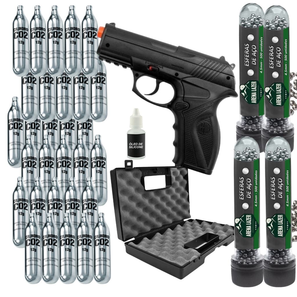 Kit Pistola de Pressão C11 R11 4,5mm Deta Rossi + 30 Co2 12g + 2000 Esferas Aço + Óleo de Silicone + Maleta