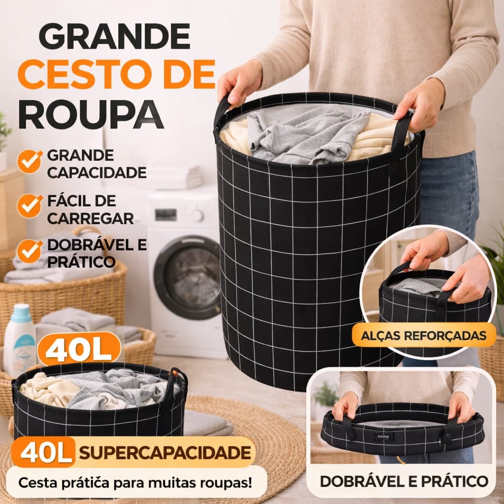 Cesto Dobrável 40x50 – Organizador Multiuso para Lavanderia, Roupas e Brinquedos