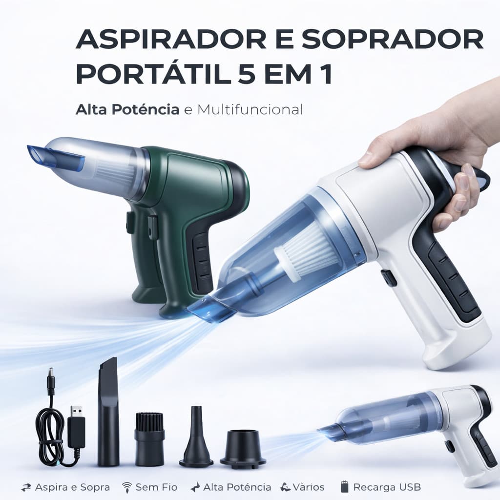 Aspirador e Soprador Portátil 5 em 1 Sem Fio | 120W Sucção Forte | USB | Casa e Carro