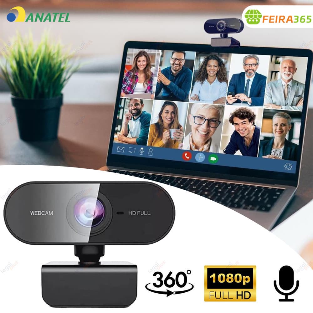 Webcam Full HD 1080p com Microfone Embutido Rotação 360° Ajuste Livre para PC Notebook Home Office