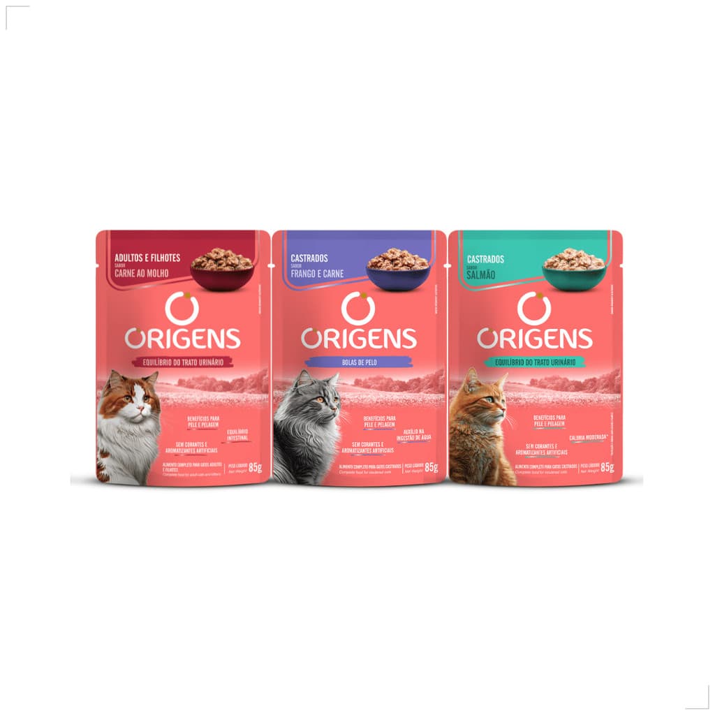 Kit 18 Ração Sachê Origens Gatos Adulto Filhote Castrado 85g