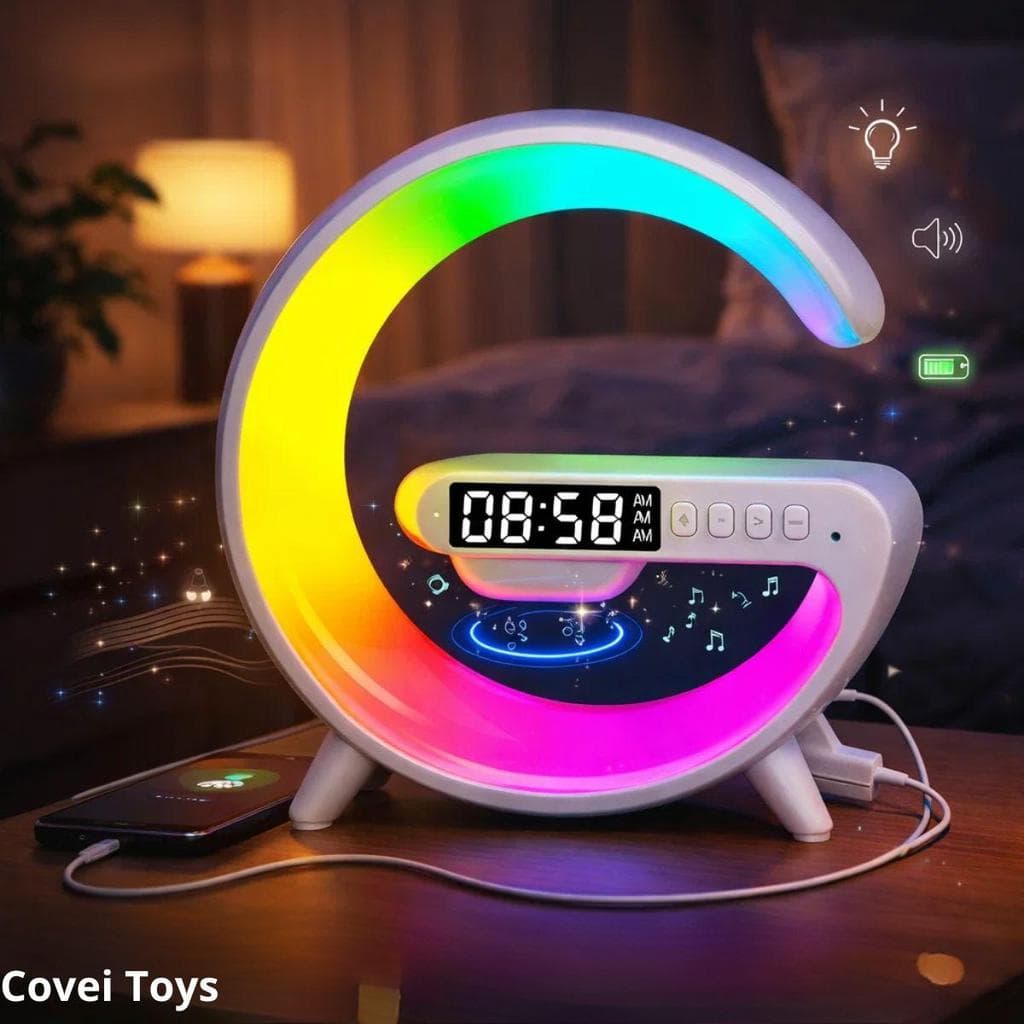Luminária Despertador Com Luz Led Bluetooth Caixa De Som Relógio Digital  Carregamento Indução Design Moderno Abajur
